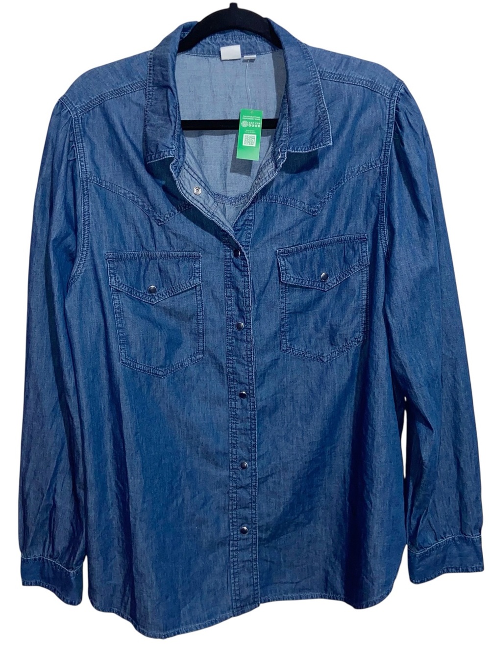 GAP Top Womens XXL Denim Chambray Snap Long Puff Sleeve Shirt Dark Wash New